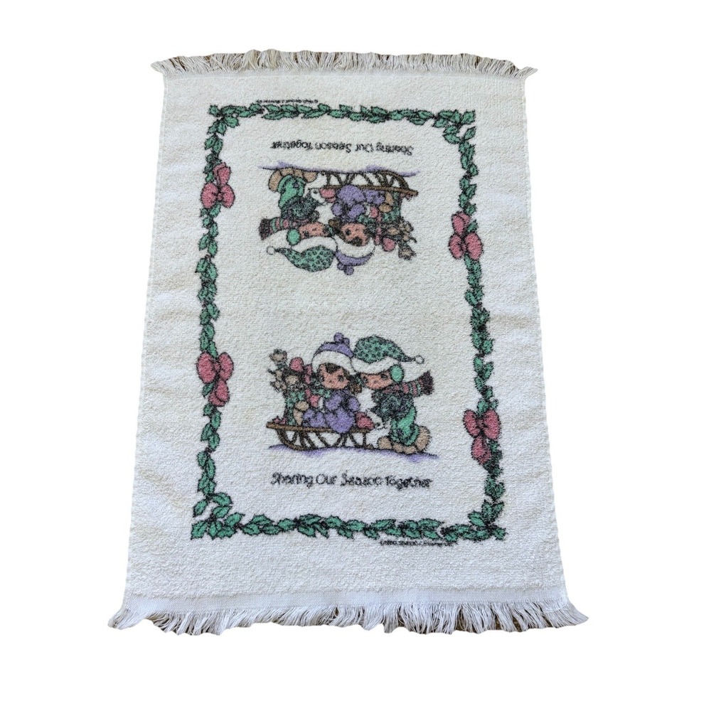 Vintage Precious Moments Fringed Christmas Hand Towel Cottage Y2K